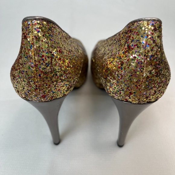 Guess Glitter Multicolor Gold Peep Toe Platform Heels Holiday Women's Size 9M - Picture 14 of 16